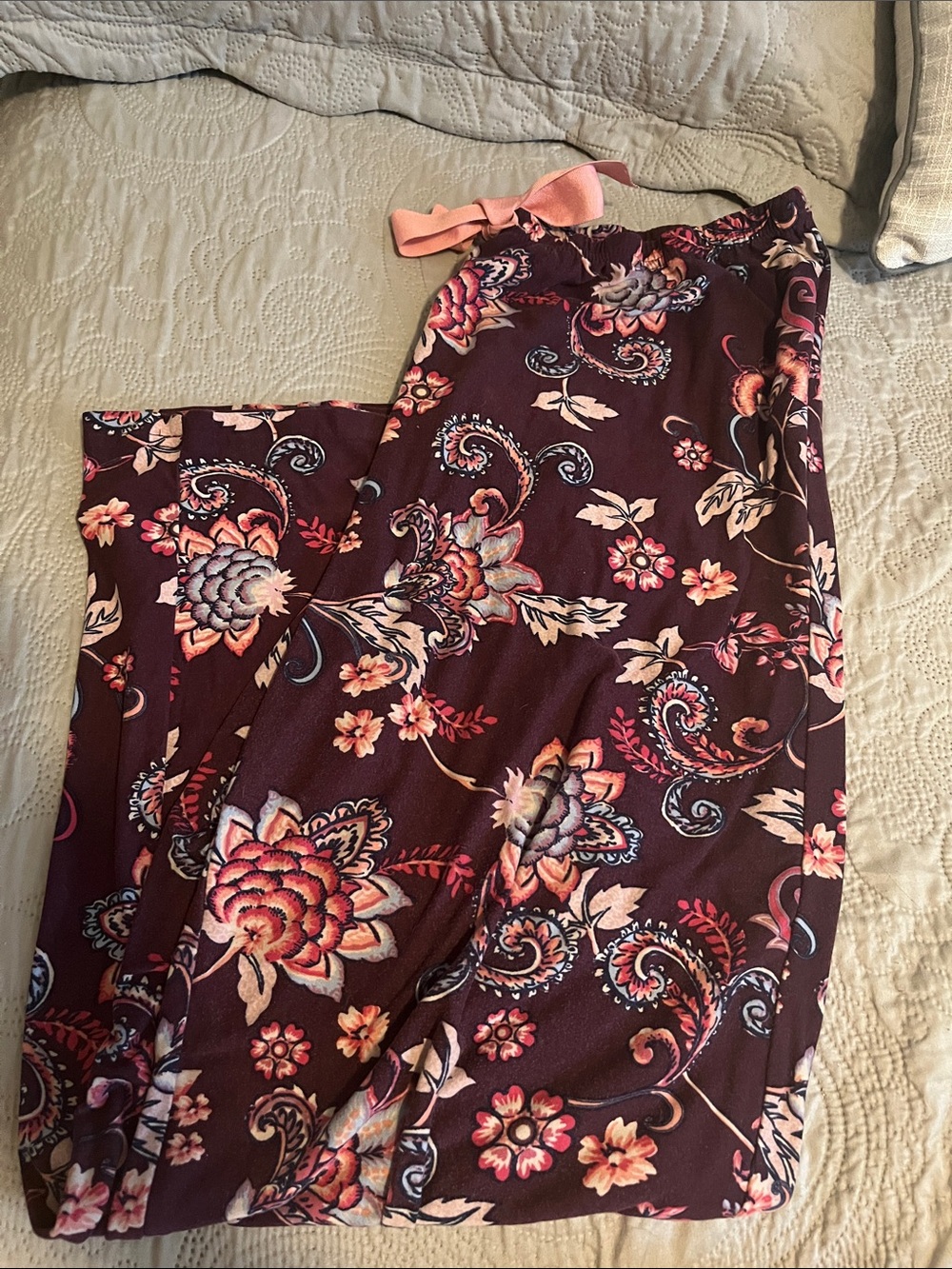 Bobbie Brooks Burgundy Floral Sleepwear Pants with Pink Waist Tie